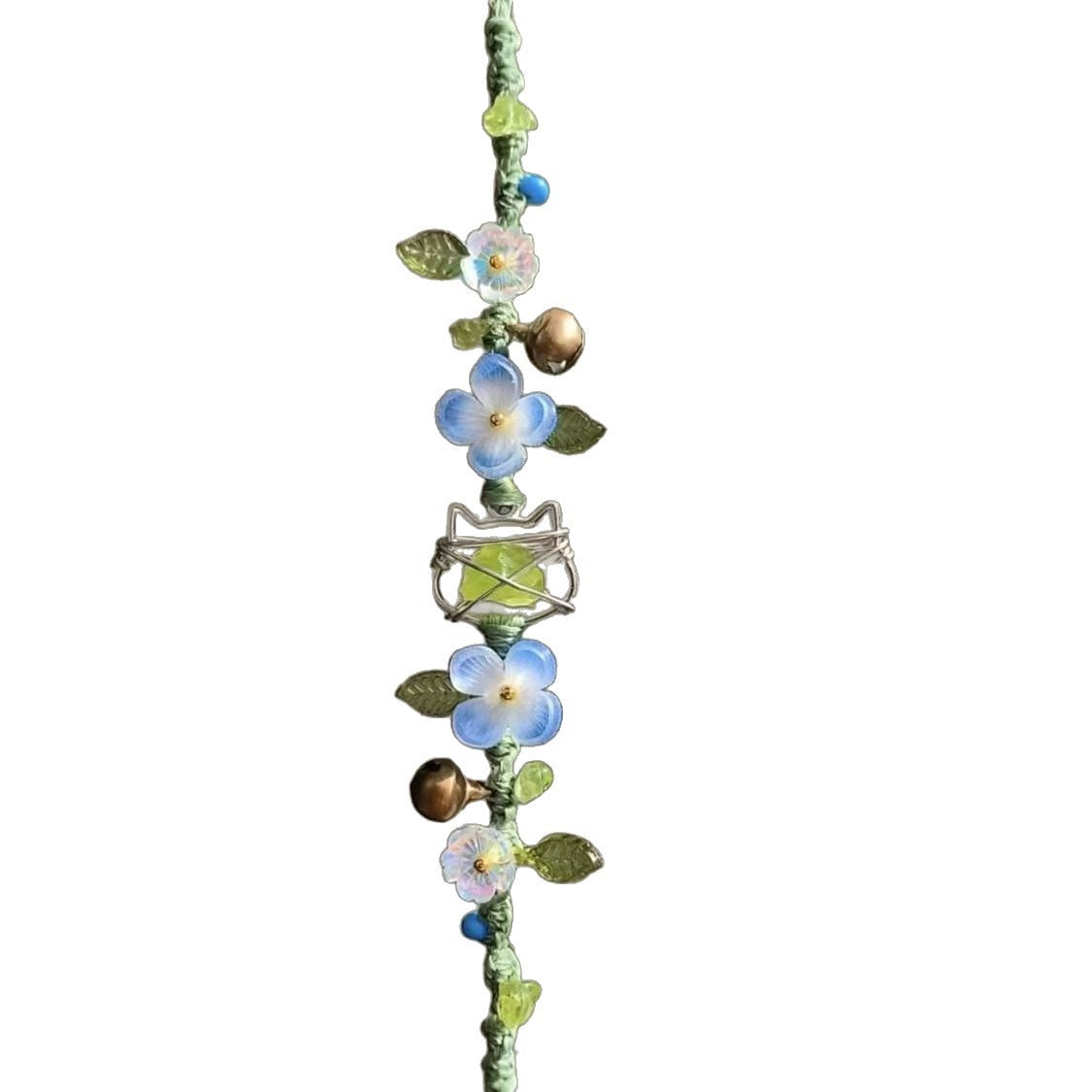 Handmade braided cord bracelet - mori girl style, fresh floral vine with green glazed beads