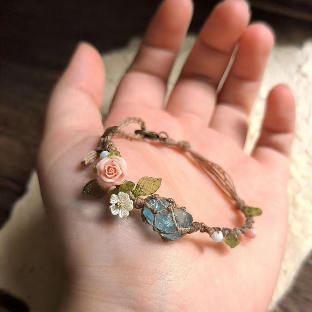 Handmade braided raw stone bracelet crystal mesh bag bracelet - new arrival