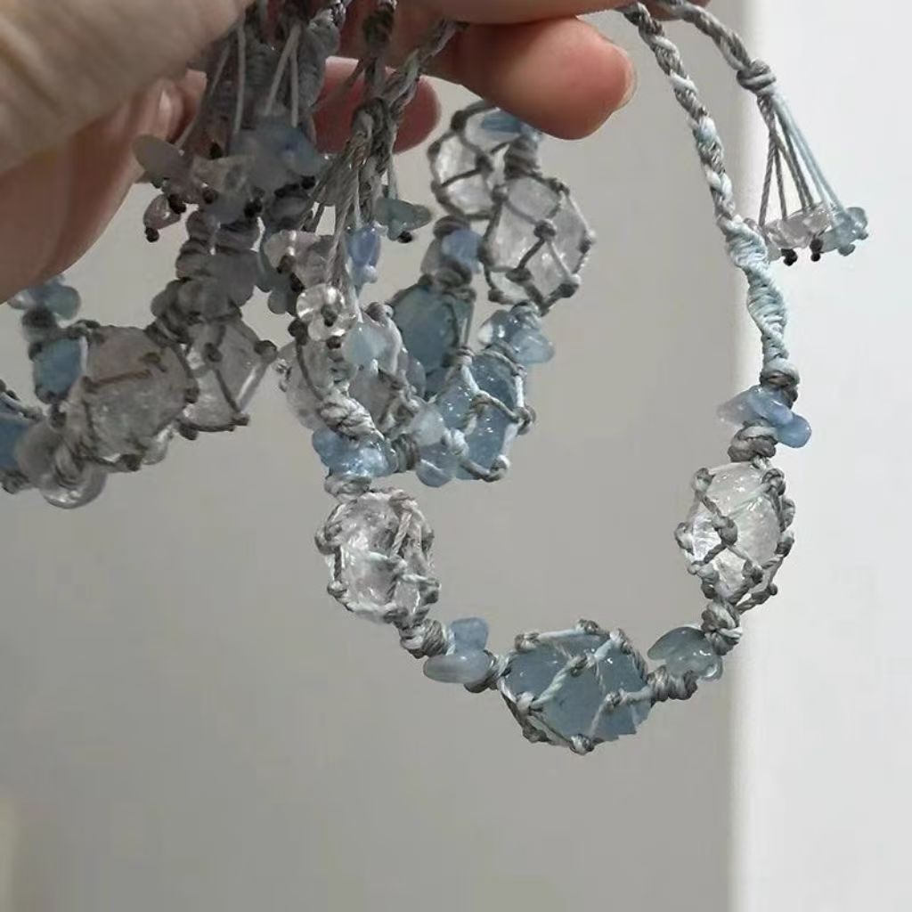 Aquamarine and white crystal handmade braided bracelet