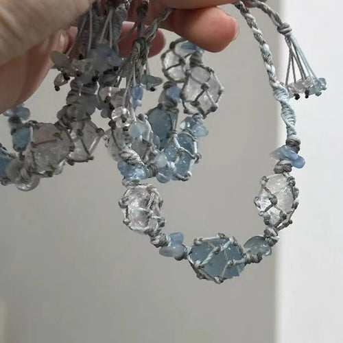 Aquamarine and white crystal handmade braided bracelet