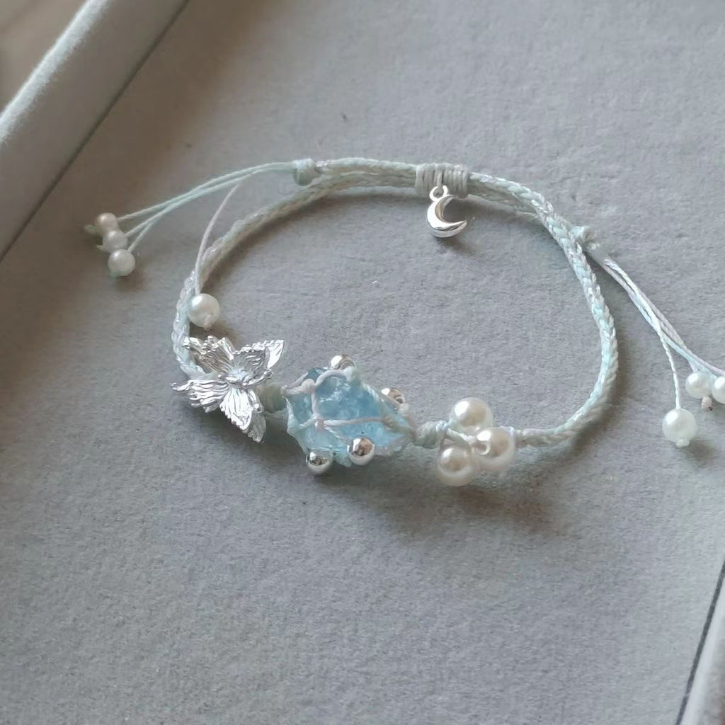 Aquamarine raw stone bracelet with butterfly design - original braided, minimalist, sweet style - couple's bracelet