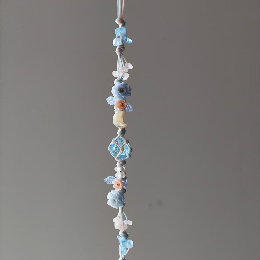 Blue floral bracelet crystal mesh bag handmade braided cord