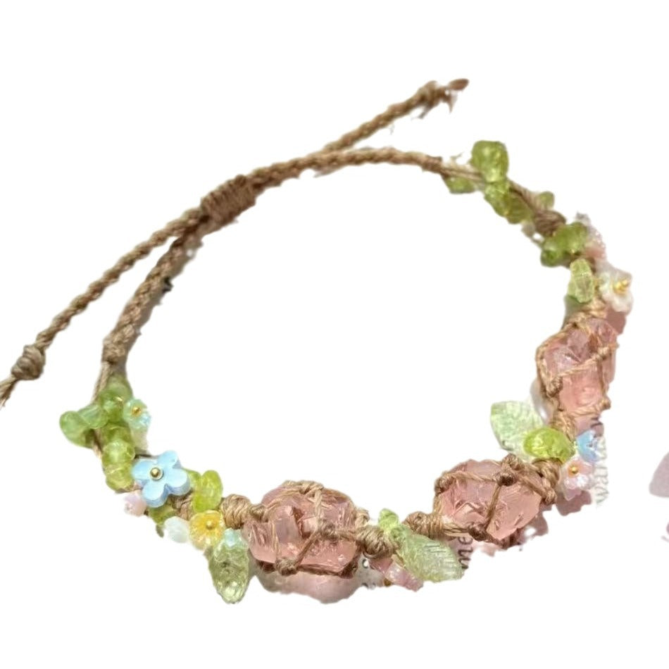 Handmade braided rose quartz crystal bracelet - floral design, forest-inspired, perfect gift for best friends, attracts love