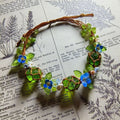 Handmade braided cord bracelet - mori girl style, fresh floral vine, green glazed bead, unique hand-braided cord gift, jewelry