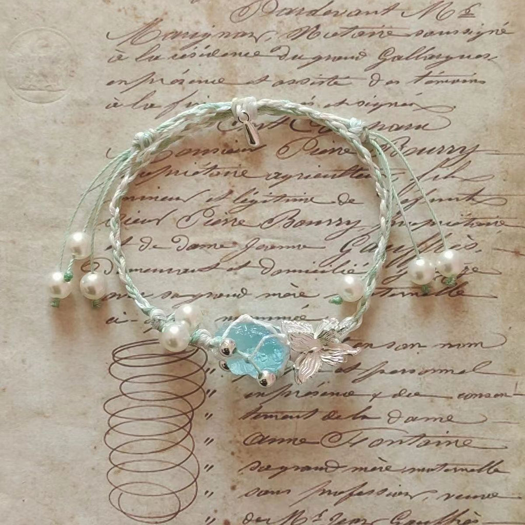 Aquamarine raw stone bracelet with butterfly design - original braided, minimalist, sweet style - couple's bracelet
