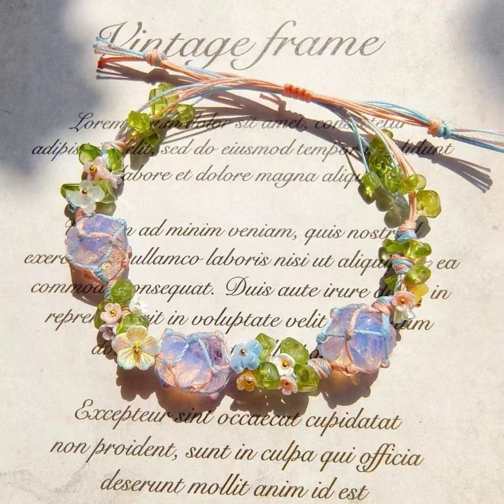 Handmade crystal bracelet with raw stones - handcrafted rose quartz bead bracelet