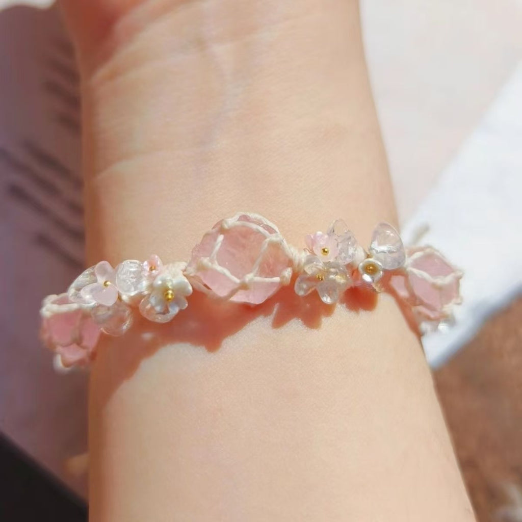 Pink crystal hand-woven rough stone bracelet