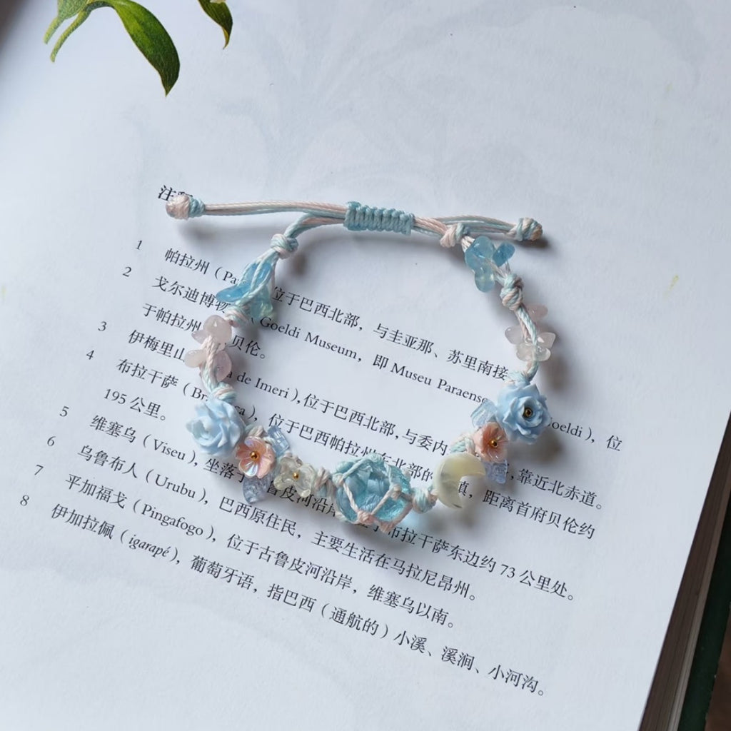 Blue floral bracelet crystal mesh bag handmade braided cord