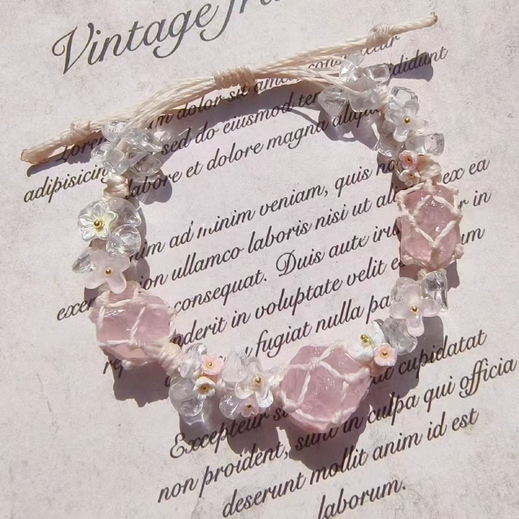 Pink crystal hand-woven rough stone bracelet