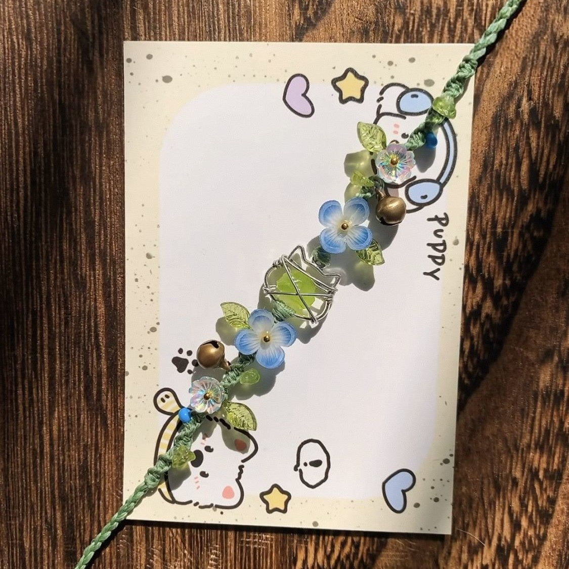 Handmade braided cord bracelet - mori girl style, fresh floral vine with green glazed beads