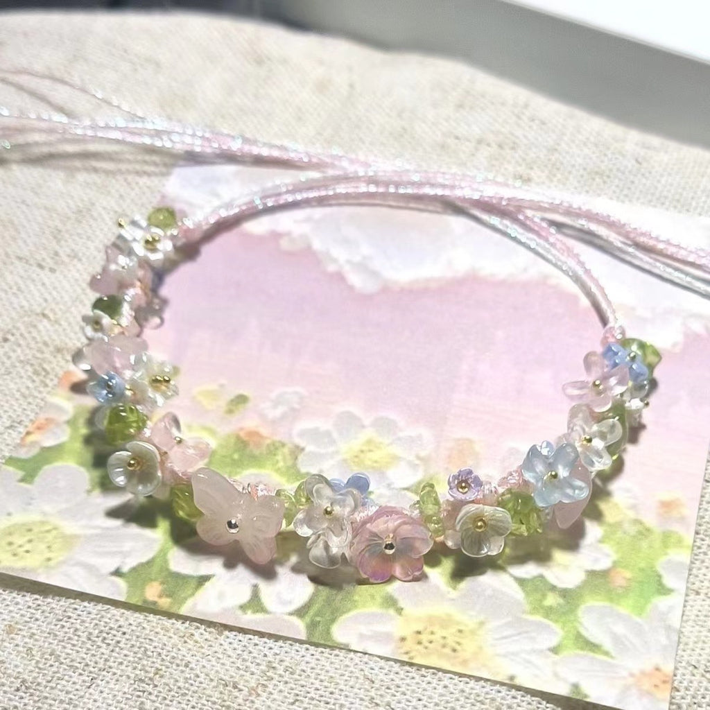 Crystal raw stone braided floral bracelet - mori girl style handmade cord bracelet