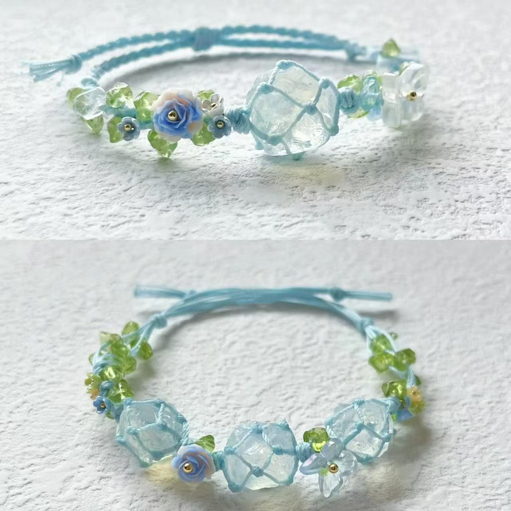 Handmade, fresh & light blue braided bracelet with white crystal charm for women