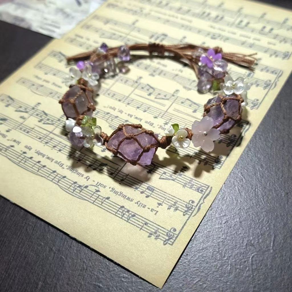 Handmade braided synthetic amethyst bracelet - raw stone gift cord