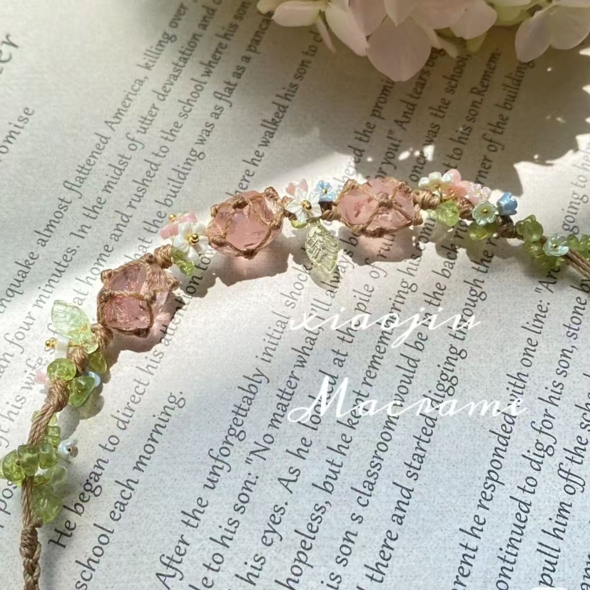 Handmade braided rose quartz crystal bracelet - floral design, forest-inspired, perfect gift for best friends, attracts love