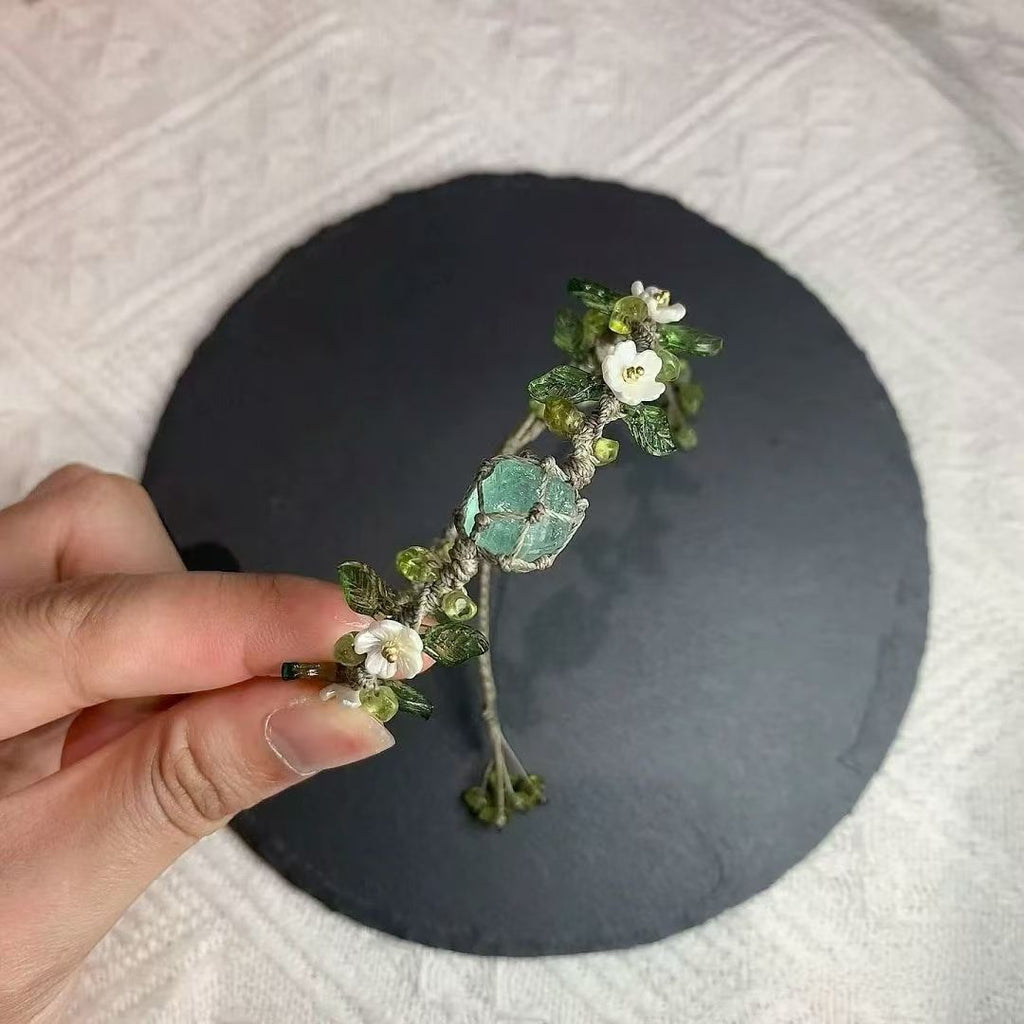 Handmade braided bracelet with green fluorite raw crystal - forest style