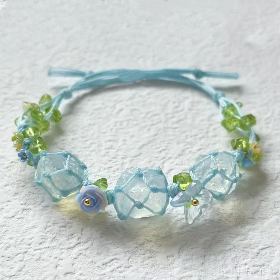 Handmade, fresh & light blue braided bracelet with white crystal charm for women