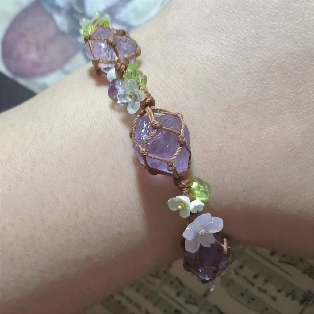 Handmade braided synthetic amethyst bracelet - raw stone gift cord