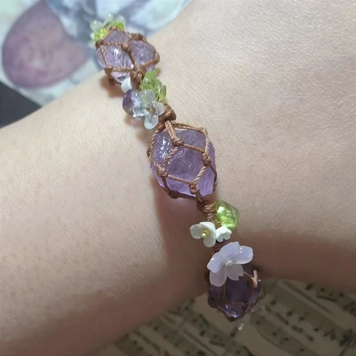 Handmade braided synthetic amethyst bracelet - raw stone gift cord