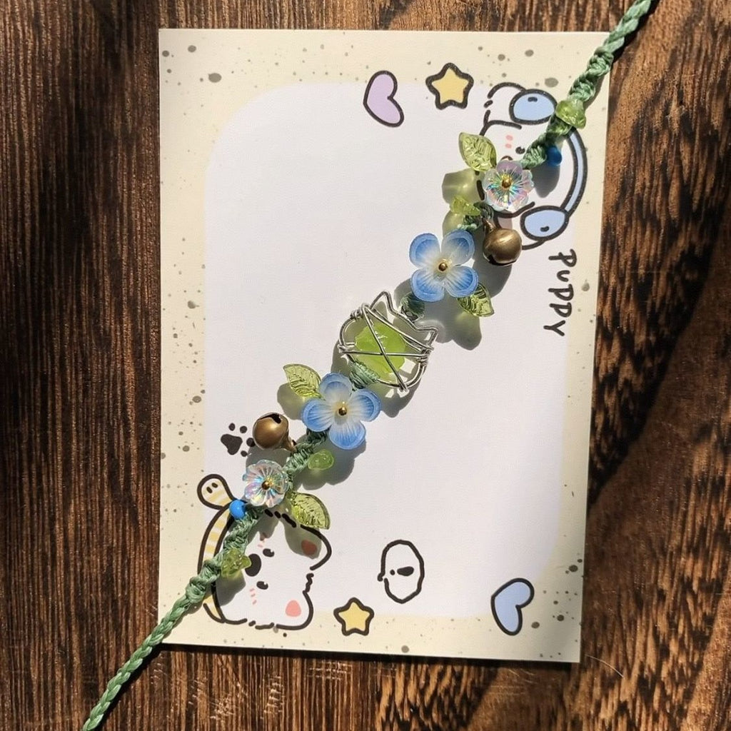 Handmade braided cord bracelet - mori girl style, fresh floral vine with green glazed beads