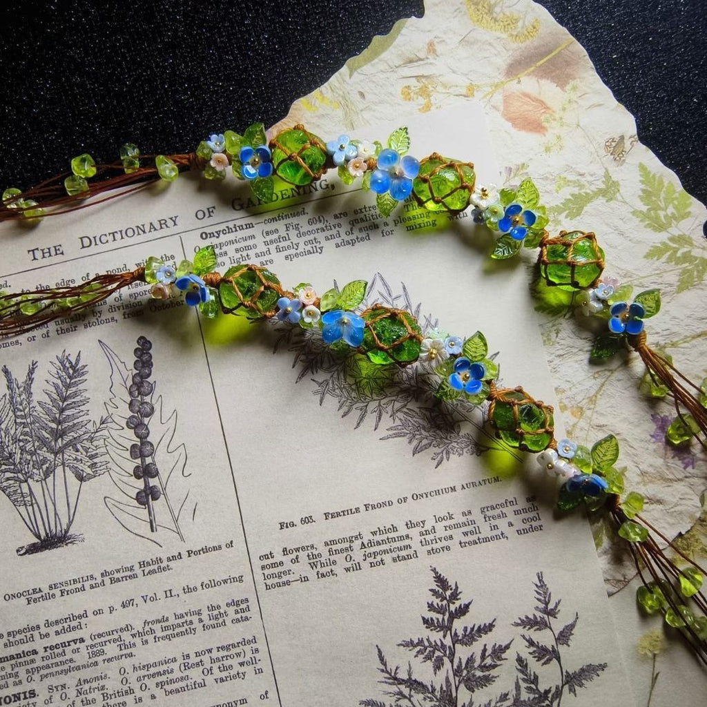 Handmade braided cord bracelet - mori girl style, fresh floral vine, green glazed bead, unique hand-braided cord gift, jewelry