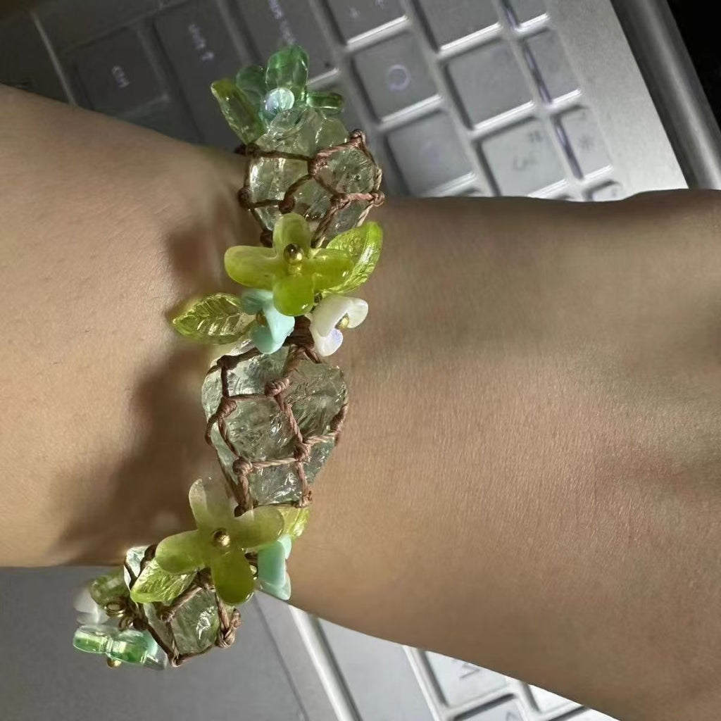 Handwoven, handcrafted bracelet with natural crystal beads