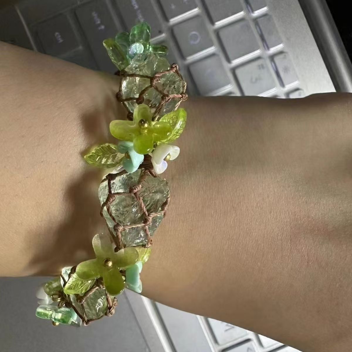 Handwoven, handcrafted bracelet with natural crystal beads