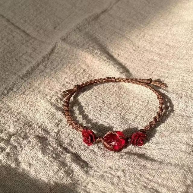 Rose heartache cherry red glazed handwoven raw stone bracelet