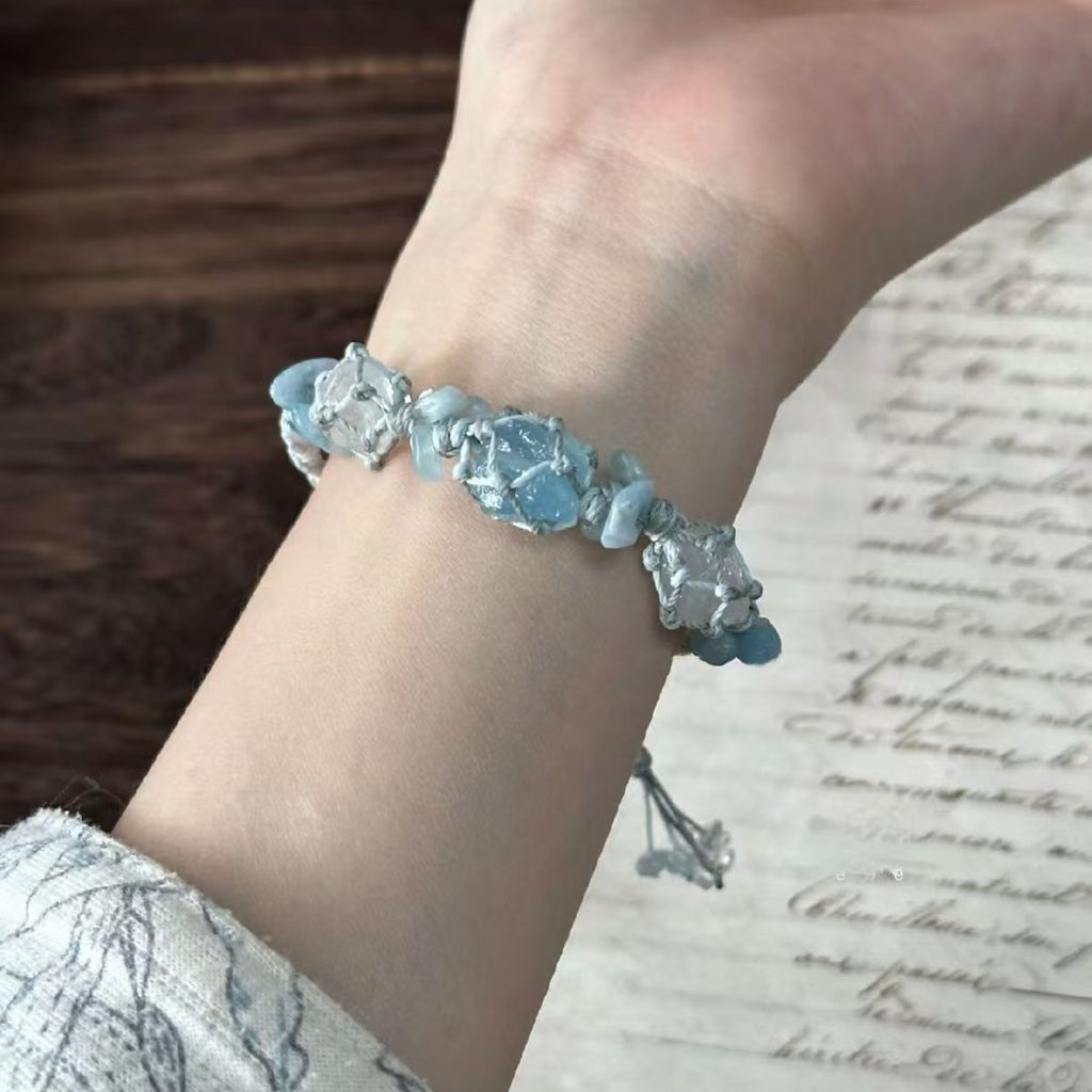 Aquamarine and white crystal handmade braided bracelet