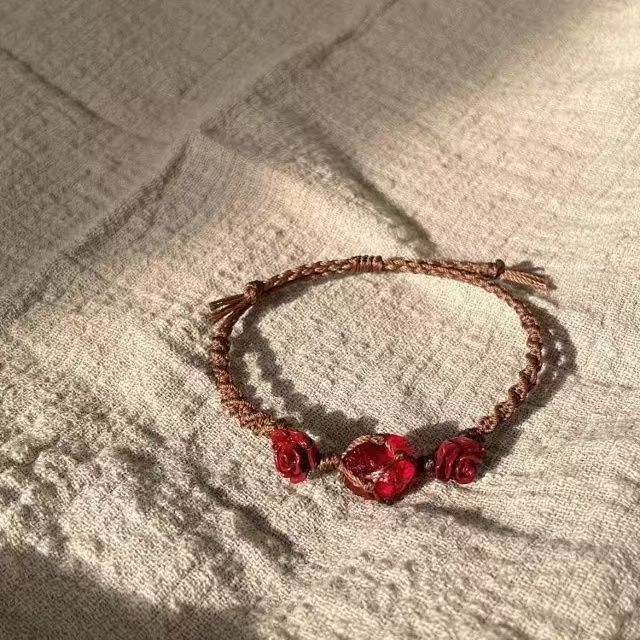 Rose heartache cherry red glazed handwoven raw stone bracelet