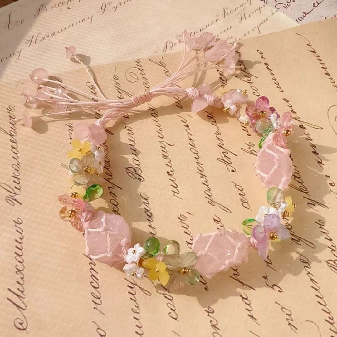 Pink flower bracelet handmade raw stone braided bracelet bracelet