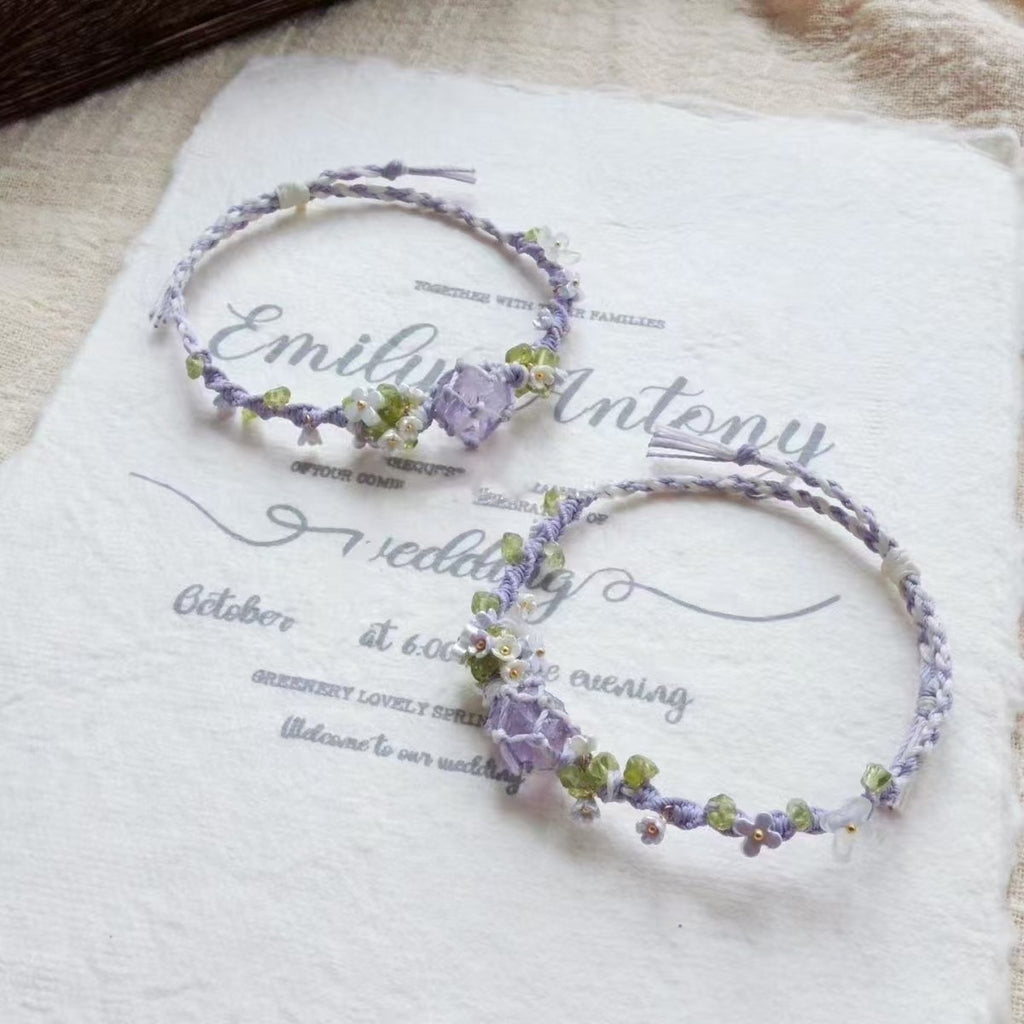 Handmade braided bracelet with purple fluorite crystal