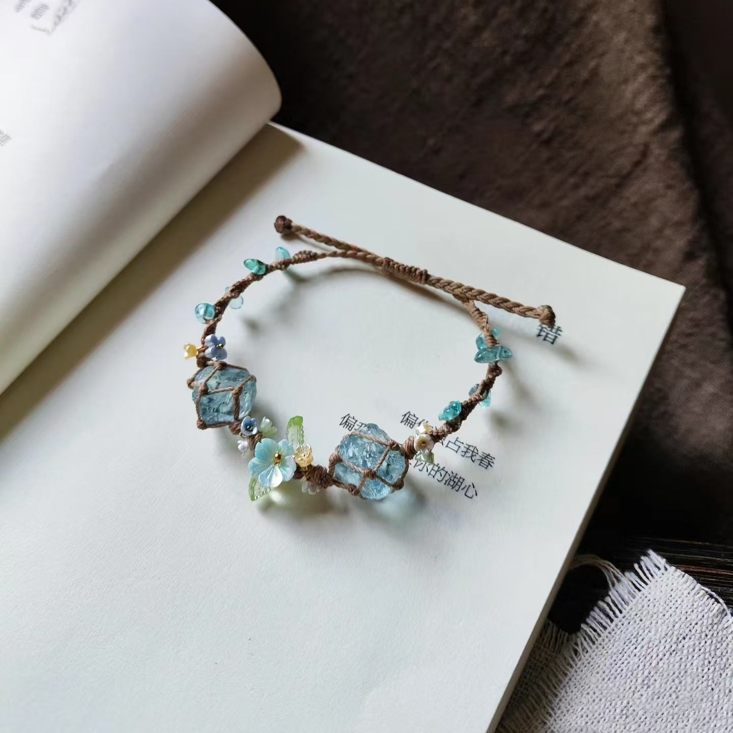 Adjustable crystal raw stone braided bracelet