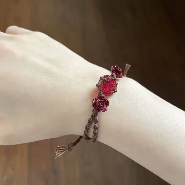 Rose heartache cherry red glazed handwoven raw stone bracelet