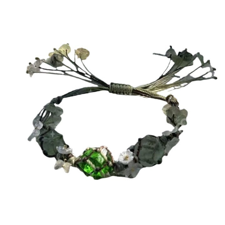 Handmade braided bracelet with green glass beads and green fluorite beads