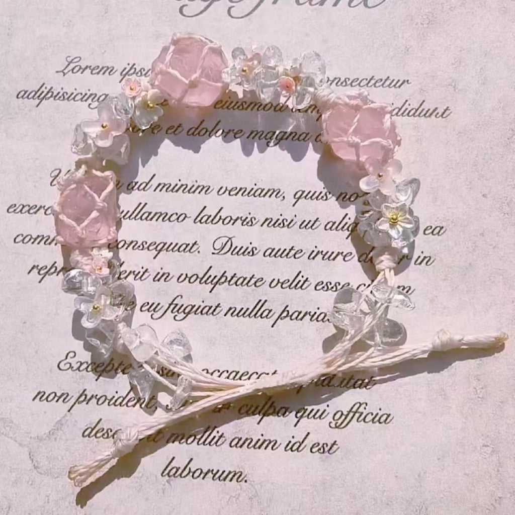 Pink crystal hand-woven rough stone bracelet