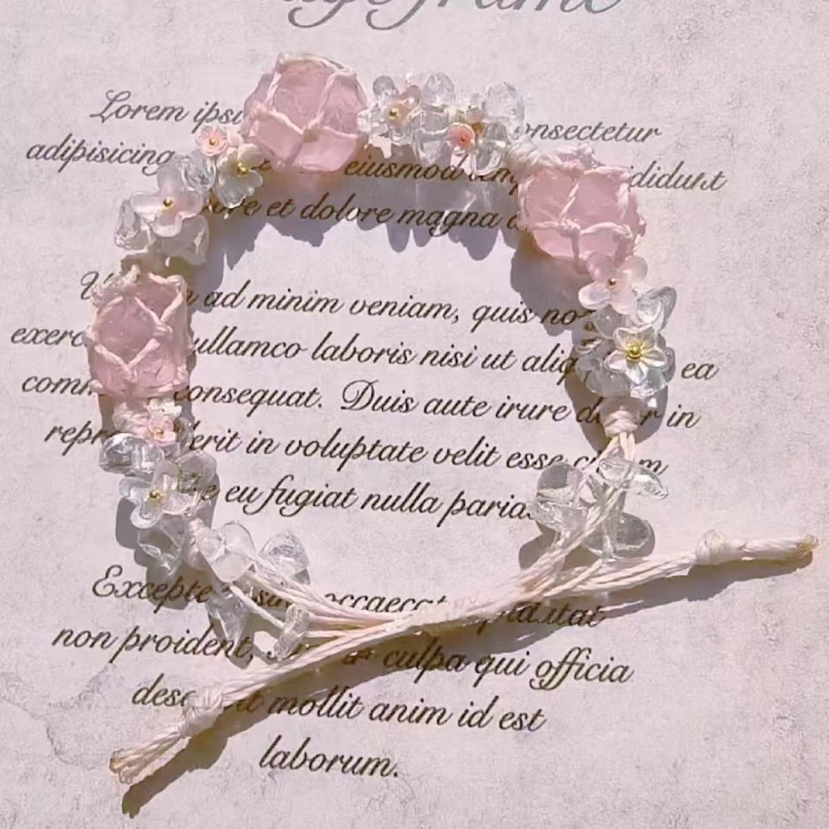 Pink crystal hand-woven rough stone bracelet