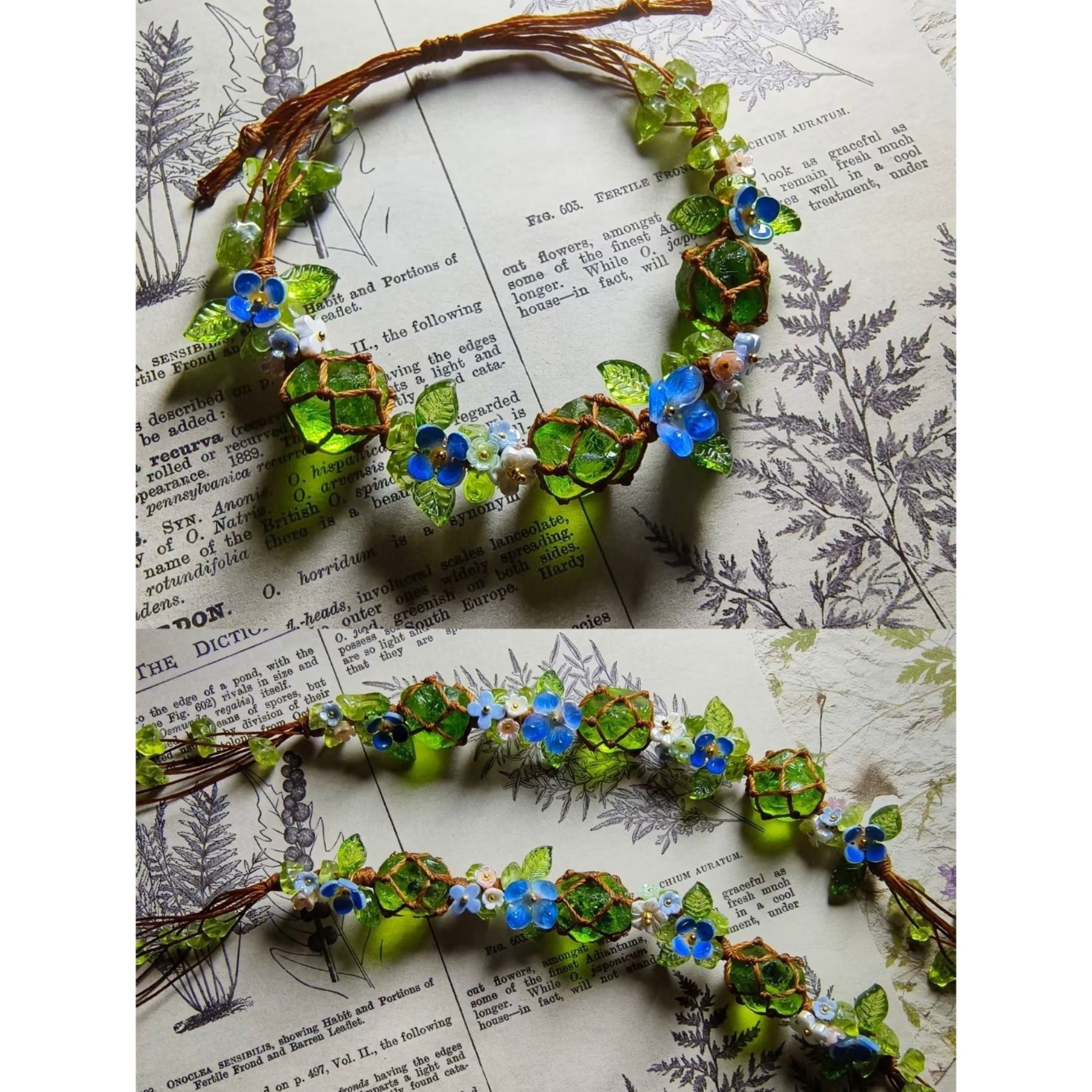 Handmade braided cord bracelet - mori girl style, fresh floral vine, green glazed bead, unique hand-braided cord gift, jewelry