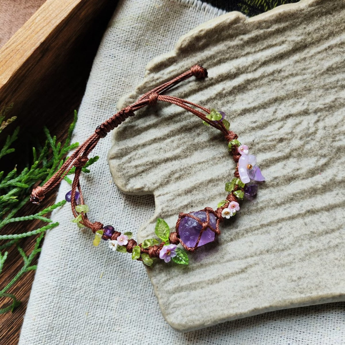 Amethyst bracelet - handwoven cord