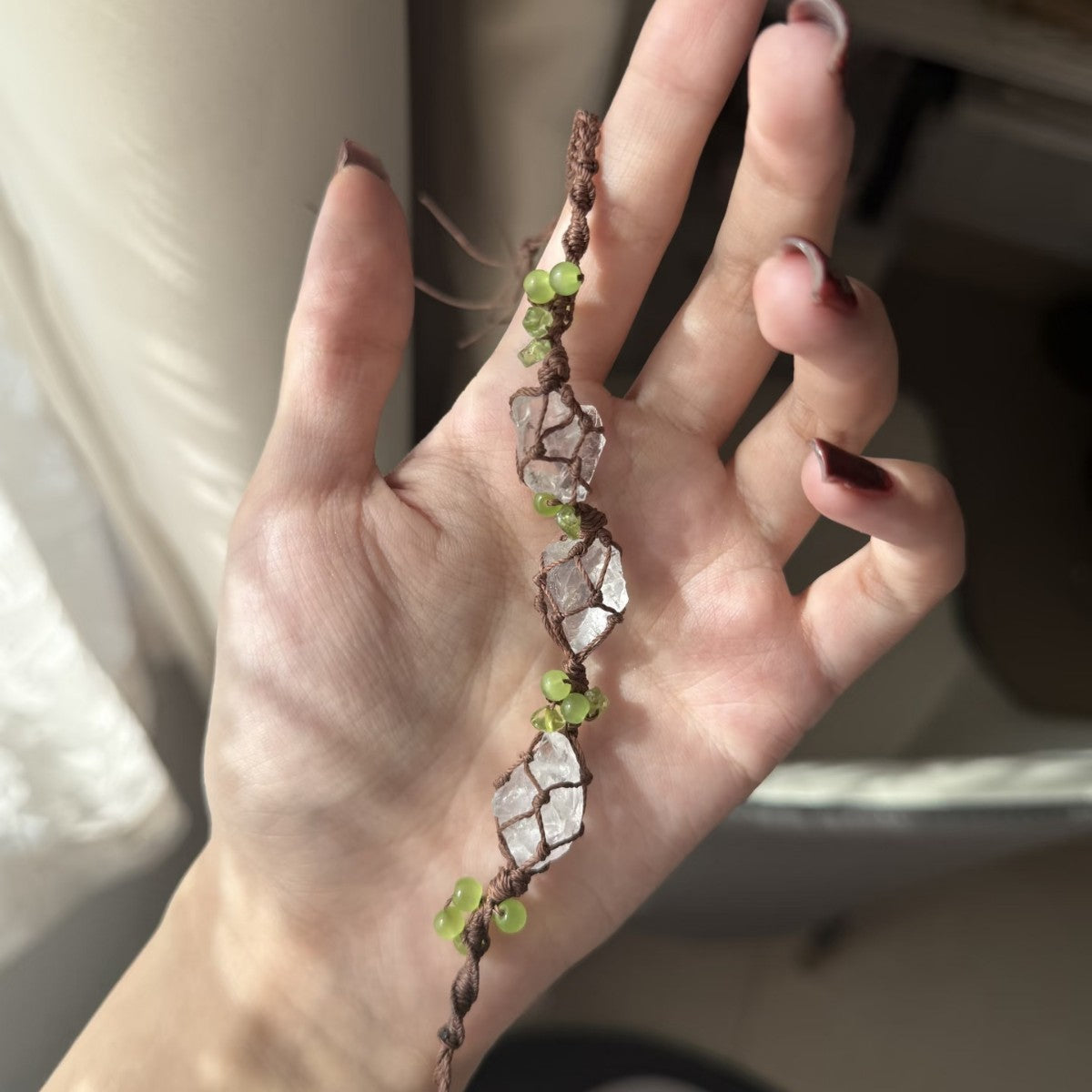 Original handmade braided bracelet with translucent crystal and green crushed stone
