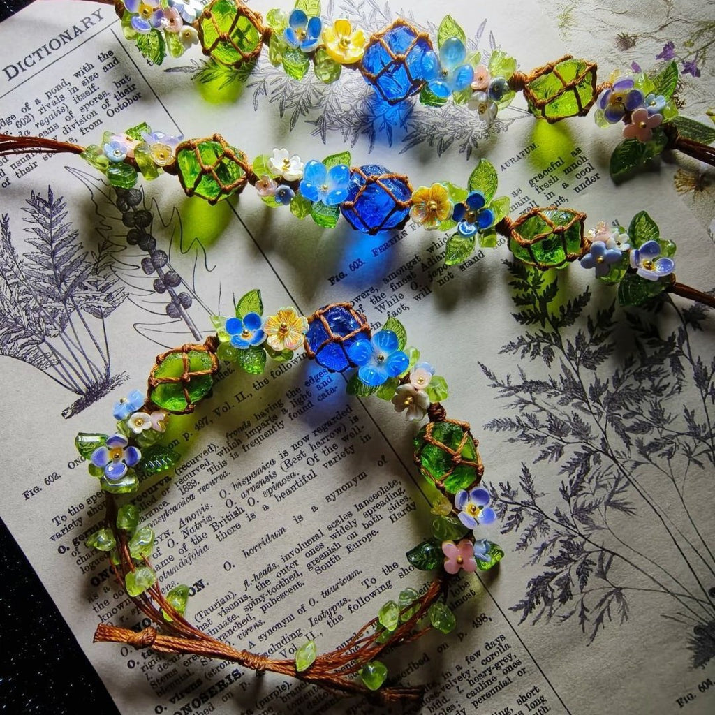 Handmade braided bracelet - forest-inspired fresh floral vine with blue glazed beads