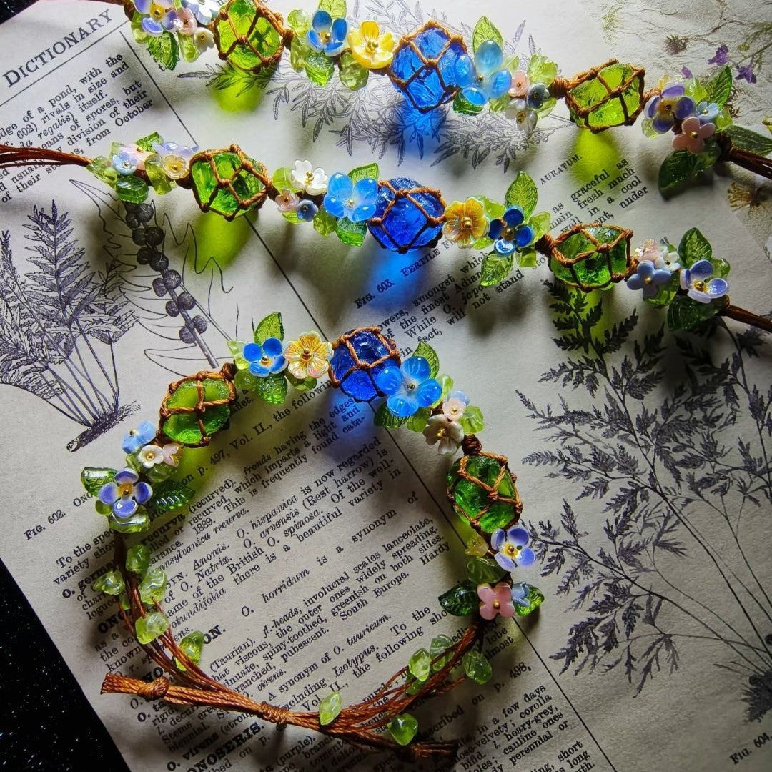 Handmade braided bracelet - forest-inspired fresh floral vine with blue glazed beads