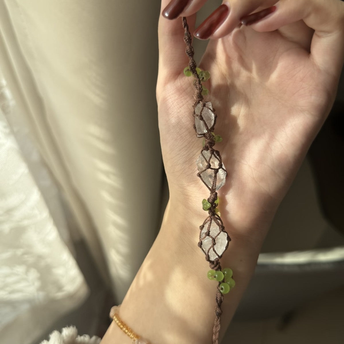 Original handmade braided bracelet with translucent crystal and green crushed stone