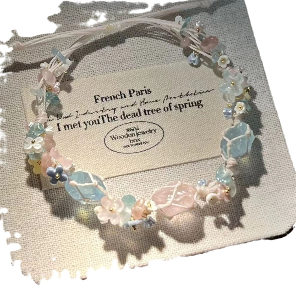 Handmade crystal bracelet with raw stones - handcrafted rose quartz & strawberry quartz bead bracelet