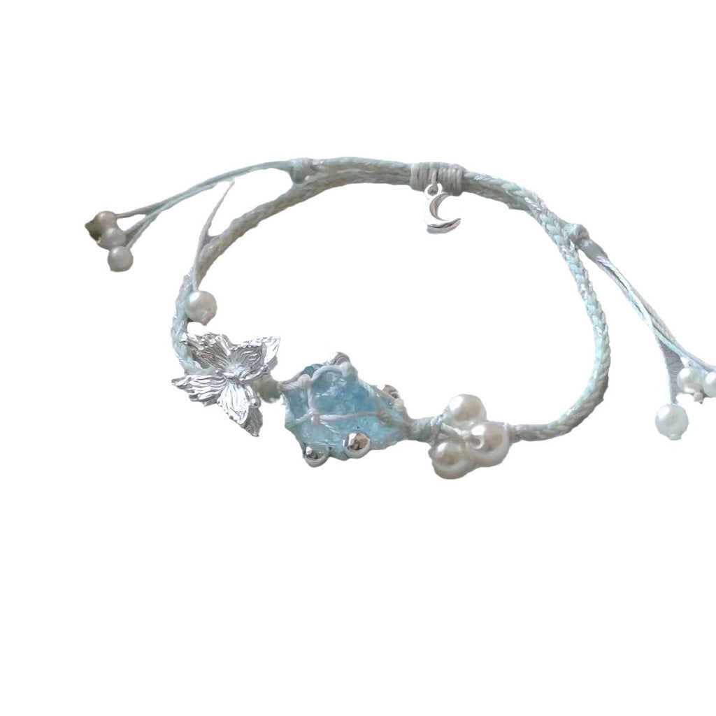 Aquamarine raw stone bracelet with butterfly design - original braided, minimalist, sweet style - couple's bracelet
