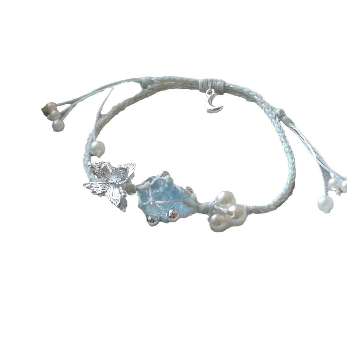 Aquamarine raw stone bracelet with butterfly design - original braided, minimalist, sweet style - couple's bracelet